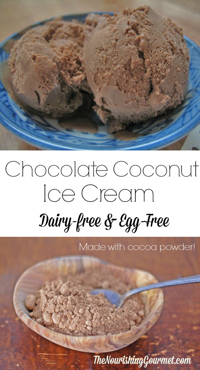 This delicious dairy-free ice cream is made with creamy coconut milk or cream! For this version, cocoa powder is used for an "every day" priced treat, that still is special! It's also egg free, and appropriate for those who eat vegan OR paleo. --- The Nourishing Gourmet