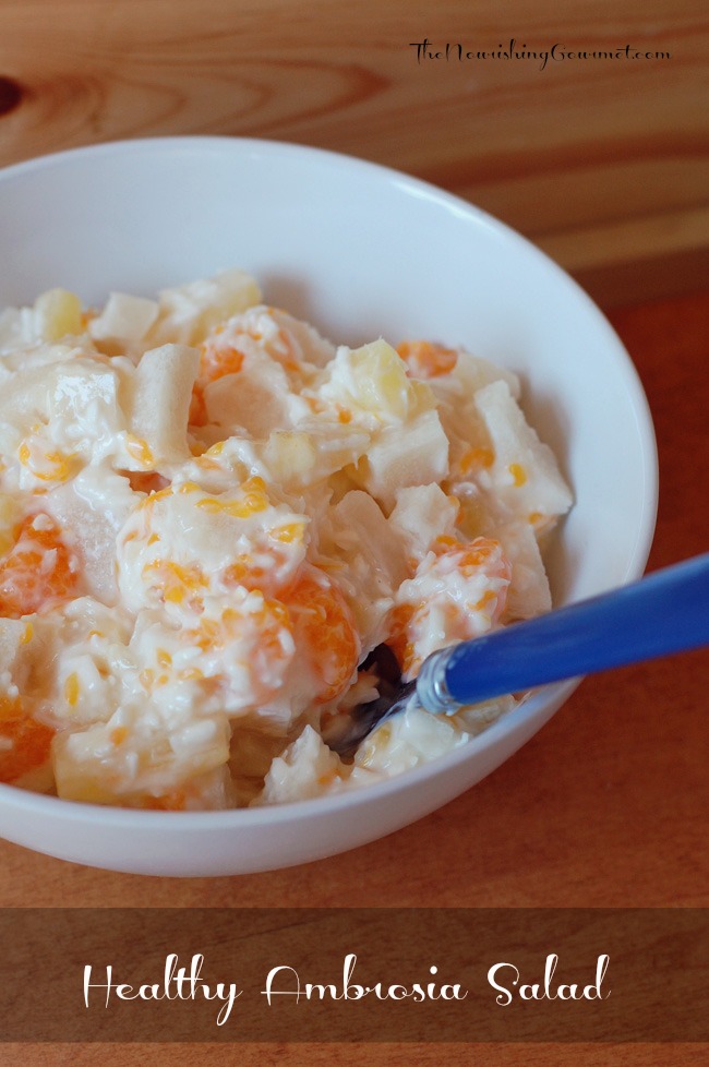 Healthy Ambrosia Salad (with homemade marshmallows!).  This classic salad can be made using fresh ingredients,  minimally sweetened, and probiotic-rich! 