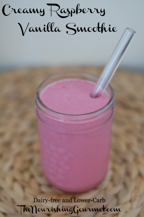 Recipe: This creamy raspberry vanilla smoothie is rich, gently sweet, and delicious! It also happens to be dairy-free, and lower-carb. We love it!