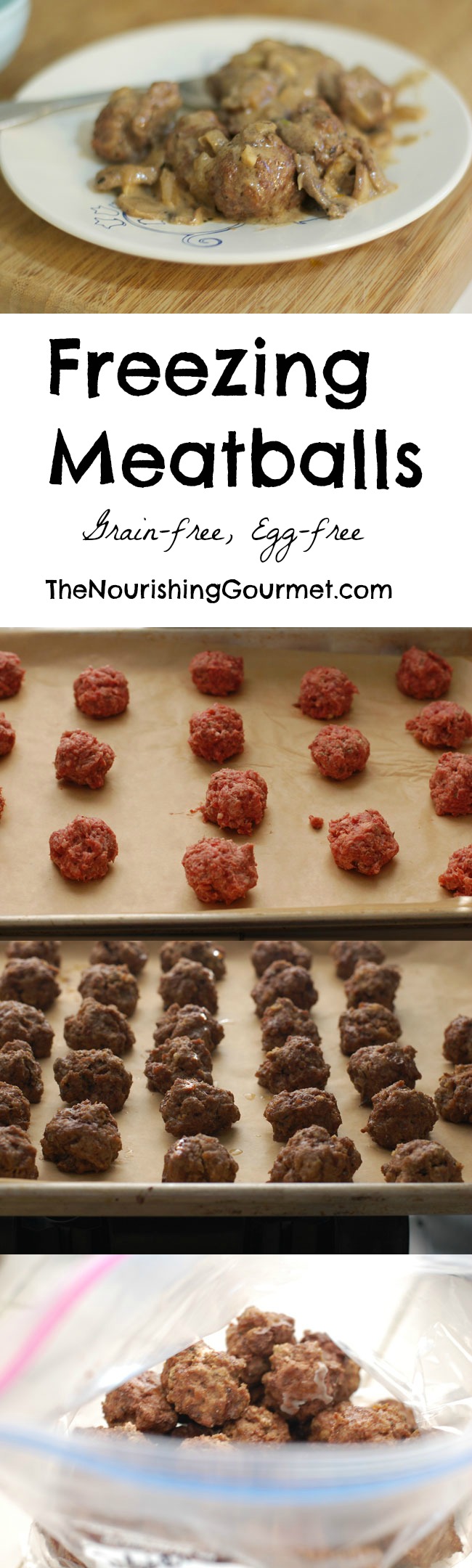 Follow this simple method to make your own freezer meatballs! You can take out as many as you like at a time. You can use your favorite recipe, or you can use this grain-free, egg-free Italian Meatball recipe. Yum! 