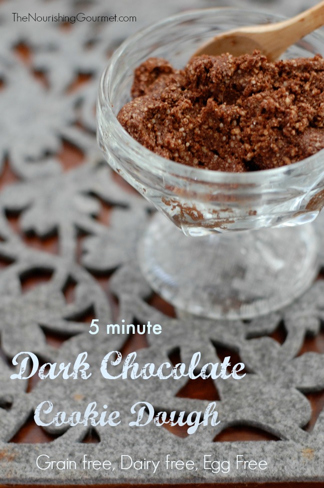 Dark Chocolate Cookie Dough - This grain free, dairy free, egg free cookie dough is so delicious! It only uses five ingredients, and takes 5 minutes to make!  --- The Nourishing Gourmet