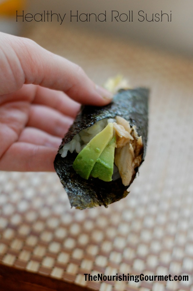 This delightful and easy method of making sushi with healthy ingredients is delicious! Plus, it's both parent and kid-friendly. I love how everyone can pick out their own filling ingredients easily and be part of the creative process. -- The Nourishing Gourmet