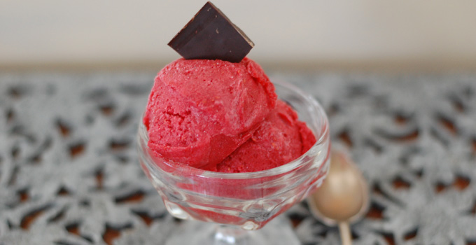 Lampone, an authentic Raspberry Sorbet is just perfect for a hot summer day. Every bite is vibrant with flavor, AND it's egg and dairy-free. This is lovely for serving to guests too. --- The Nourishing Gourmet