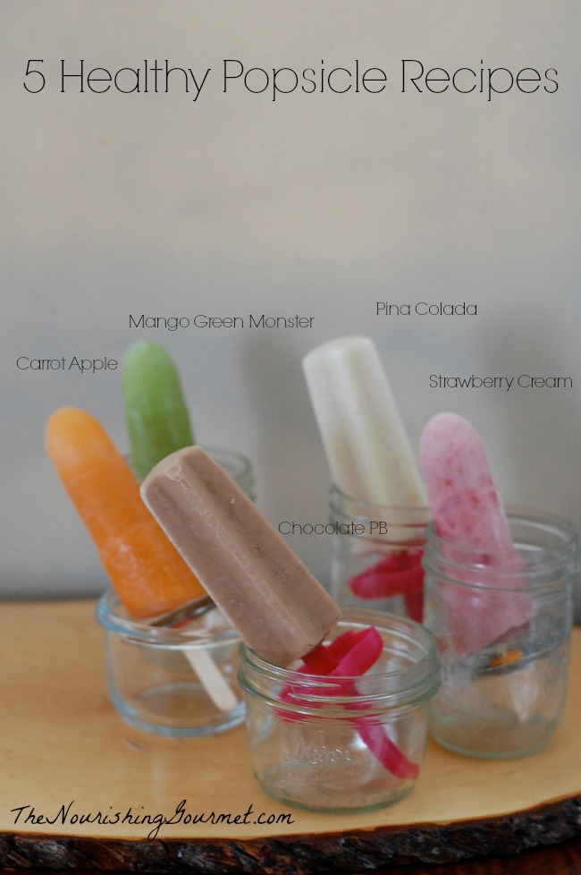 These 5 healthy and delicious recipes for ice pops and popsicles are so simple and easy to make! They are all dairy-free, paleo and vegan-friendly, and kids love them.  ---- The Nourishing Gourmet