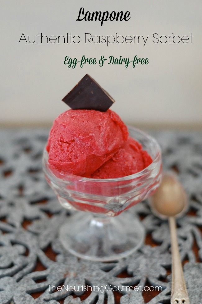 Lampone ,an authentic Raspberry Sorbet is just perfect for a hot summer day. Every bite is vibrant with flavor, AND it's egg and dairy-free. This is lovely for serving to guests too. --- The Nourishing Gourmet