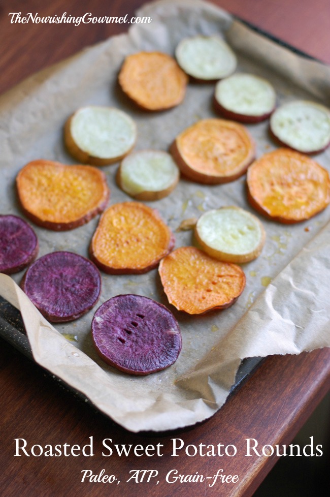 Roasted Sweet Potato Rounds - These only take fifteen minutes to make, and are a delicious way to enjoy sweet potatoes (look at the variety of sweet potatoes you can choose from! They are beautiful!) -- The NourishingGourmet .com