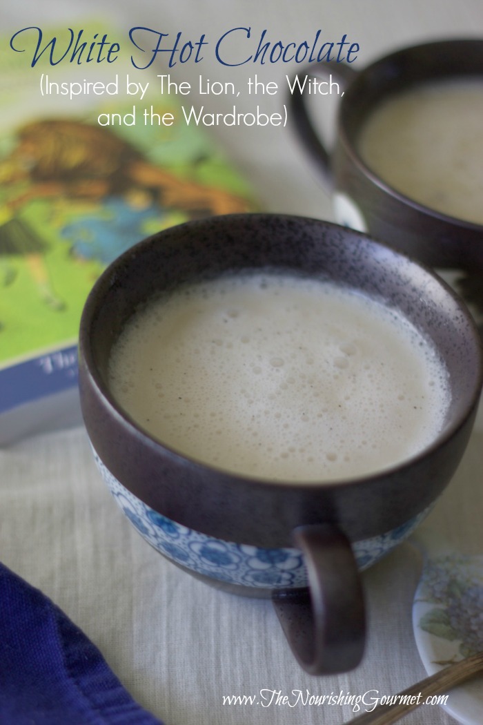 This frothy and creamy white hot chocolate is dairy-free and made with healthy ingredients! It's inspired by The Lion, The Witch, and the Wardrobe, but it's lovely to enjoy with any book! -- The Nourishing Gourmet