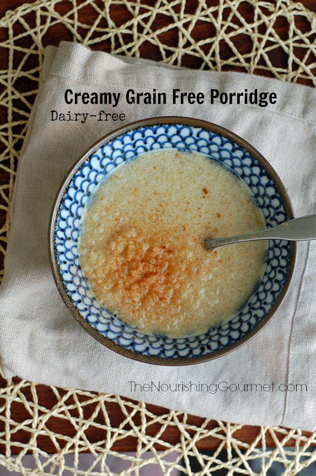This creamy, flavorful porridge is grain and dairy-free, and is a lovely way to start the day. Can you guess what the secret ingredient is?! It also makes a great snack in the afternoon or evening. It’s perfect for those on a Paleo or AIP diet, or just those who enjoy a healthy alternative to grain based porridges. --- The Nourishing Gourmet 