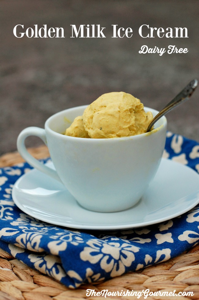 Sweet and creamy coconut milk is spiced with turmeric, ginger, black pepper, cardamom, vanilla and cinnamon for a lovely chai flavor, and then sweetened with honey. It makes up a gorgeous smooth dairy-free ice cream. -- The Nourishing Gourmet 