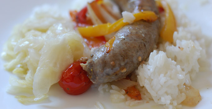 Easy meal:Brats with Peppers and Onions (that can be made in a toaster oven!). Flavored with basil and garlic. Yum!