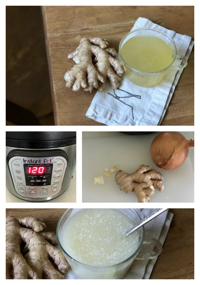 Flavorful Ginger and Garlic Instant Pot Broth is so simple and easy to make! It also makes a wonderful full meal soup when poured over rice and shredded cooked chicken. Yum! Paleo, AIP, and grain free friendly soup! -- The Nourishing Gourmet