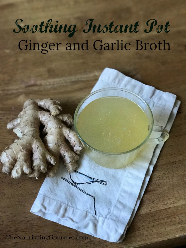 Flavorful Ginger and Garlic Instant Pot Broth is so simple and easy to make! It also makes a wonderful full meal soup when poured over rice and shredded cooked chicken. Yum! Paleo, AIP, and grain free friendly soup! -- The Nourishing Gourmet